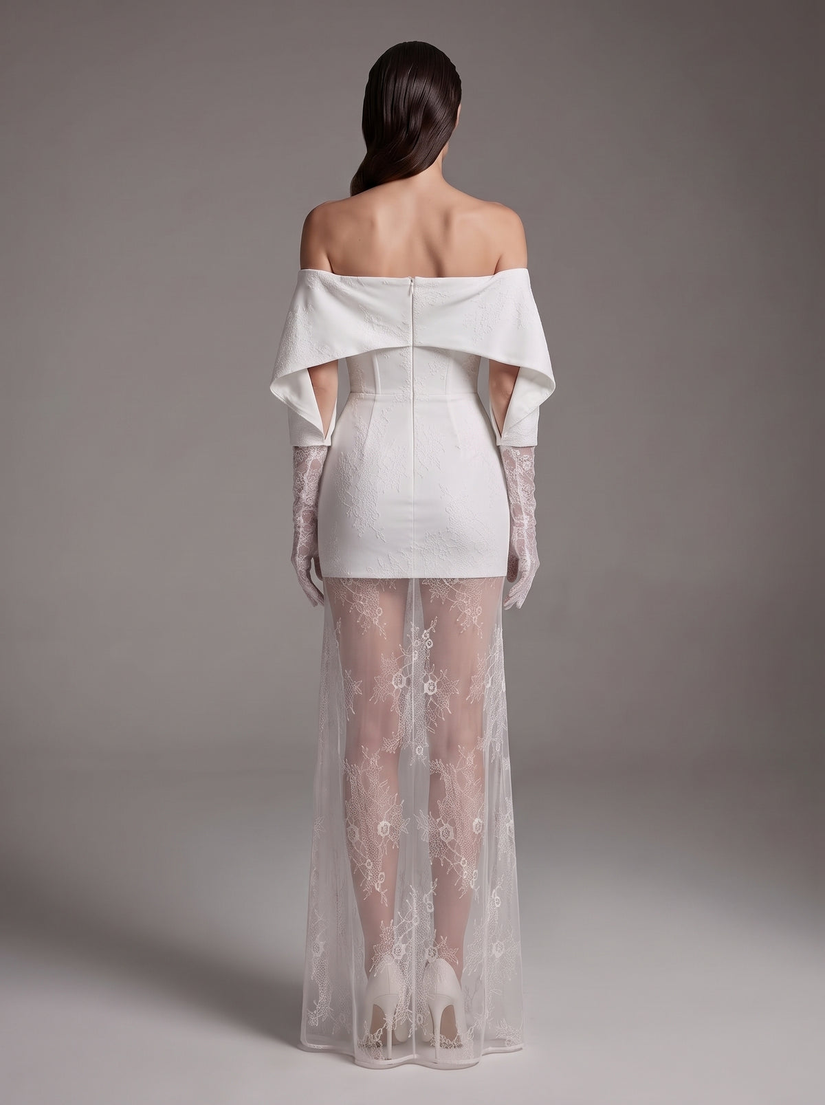 Lace Glove Sleeves Bardot Maxi Dress White HV3235