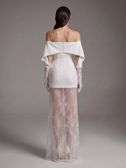 Lace Glove Sleeves Bardot Maxi Dress White HV3235