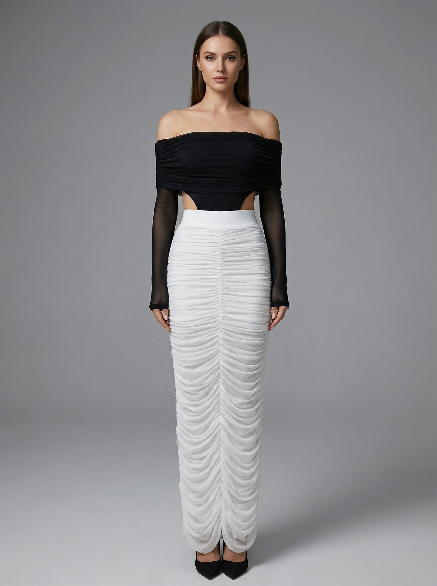 Long Sleeve Draped Bardot Maxi Dress Black White HV2779