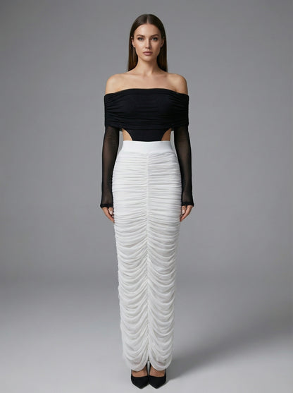 Long Sleeve Draped Bardot Maxi Dress Black White HV2779