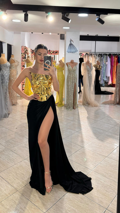 Strapless Two Piece Maxi Dress Gold Black HV1583