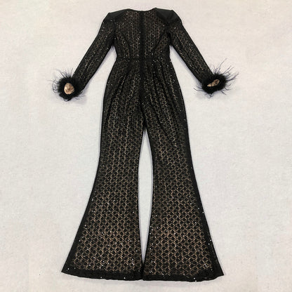 Feather Long Sleeve Sequin Jumpsuit Black HV1470