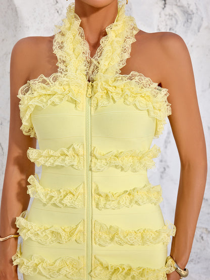 Halter Lace Ruffle Dress Yellow HV2383