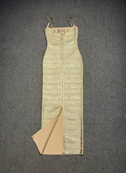 Woodgrain Foil Print Maxi Dress Gold HV2942