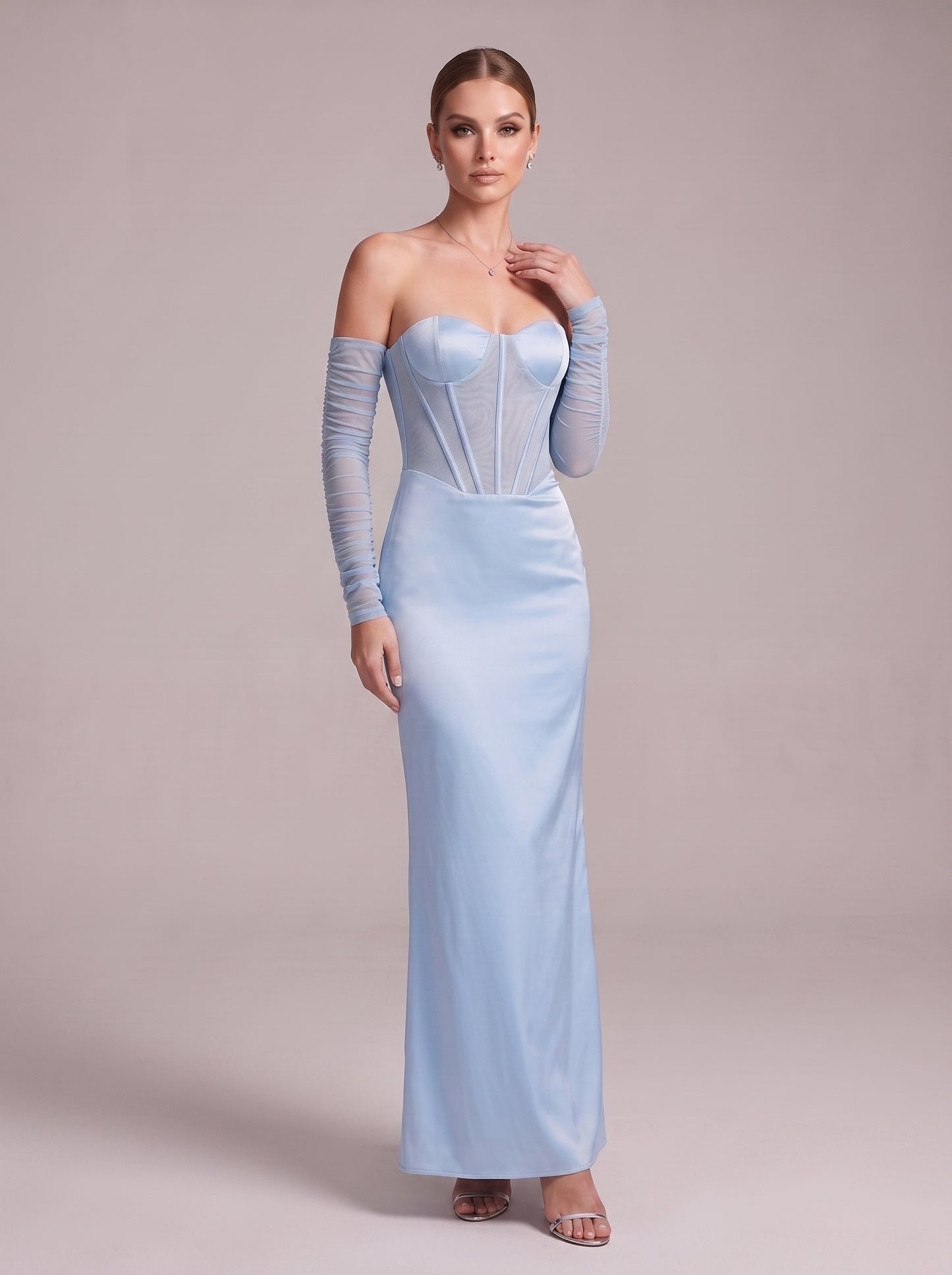 Long Sleeve Draped Mesh Bustier Maxi Dress Blue HV3179