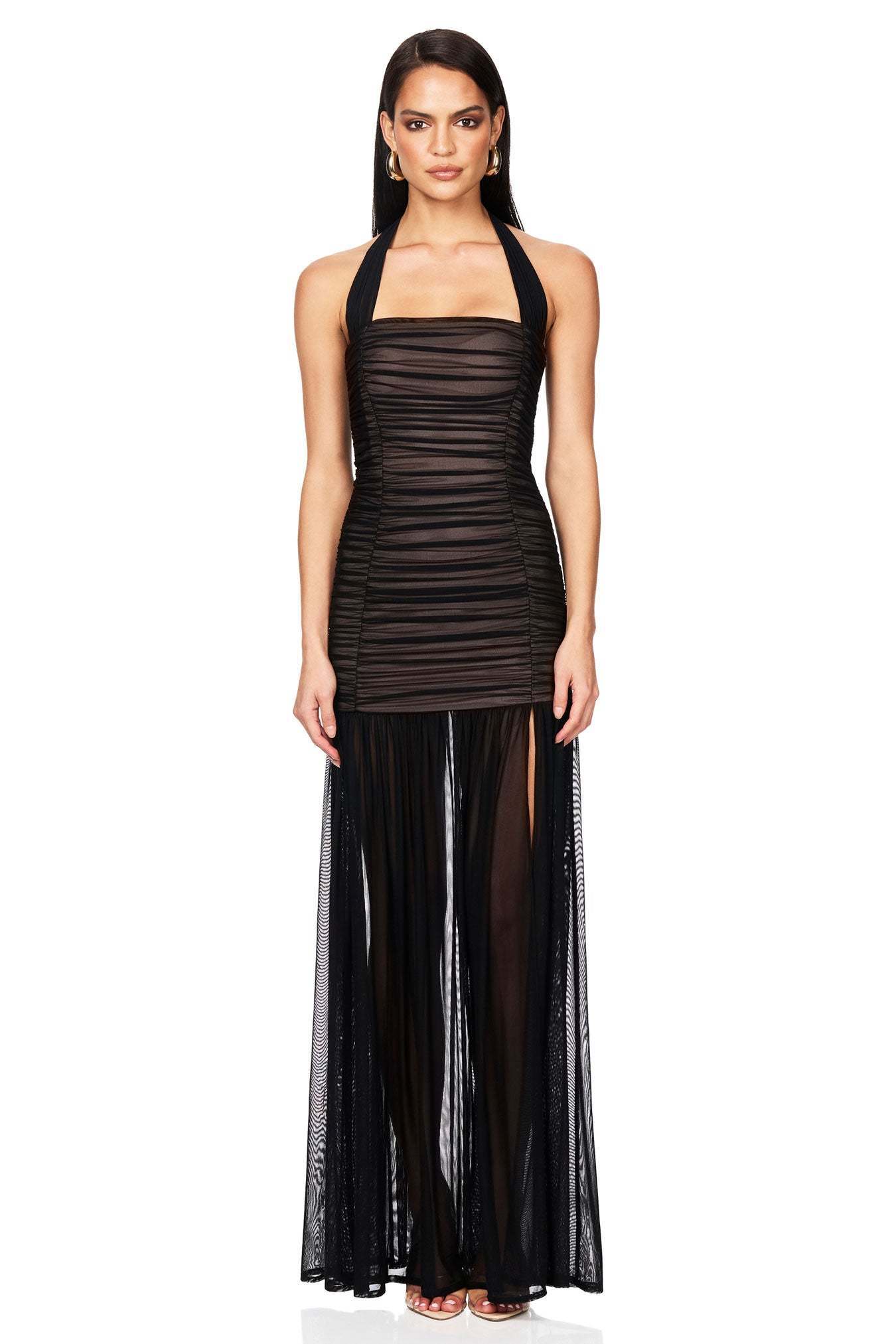 Halter Ruched Mesh Maxi Dress Black HV2753
