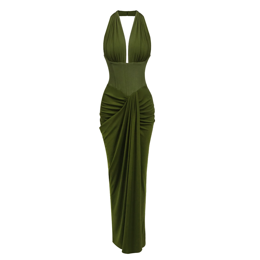 Halter Draped Corset Maxi Dress Green HV0125