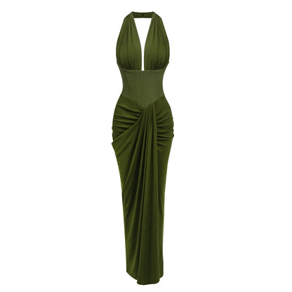 Halter Draped Corset Maxi Dress Green HV0125