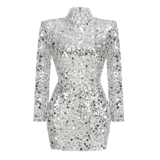 Long Sleeve Crystal Sequin Dress Silver HV1633