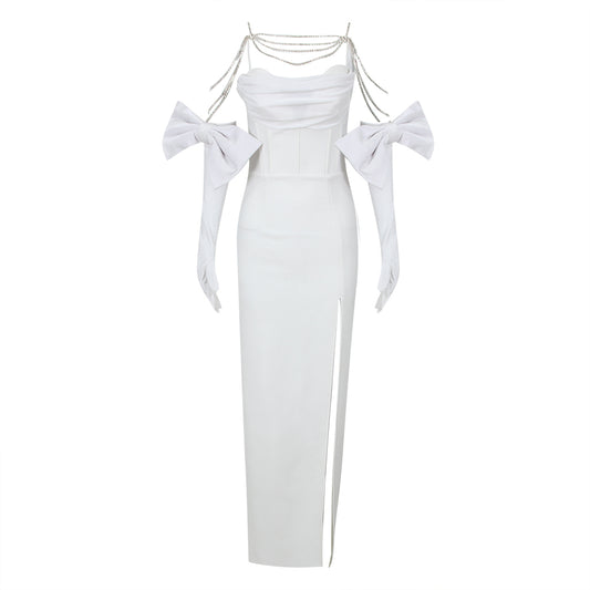 Draped Mesh Bow Maxi Dress White  HV1118