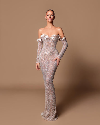 Long Sleeve Bardot Maxi Dress Nude HV2134