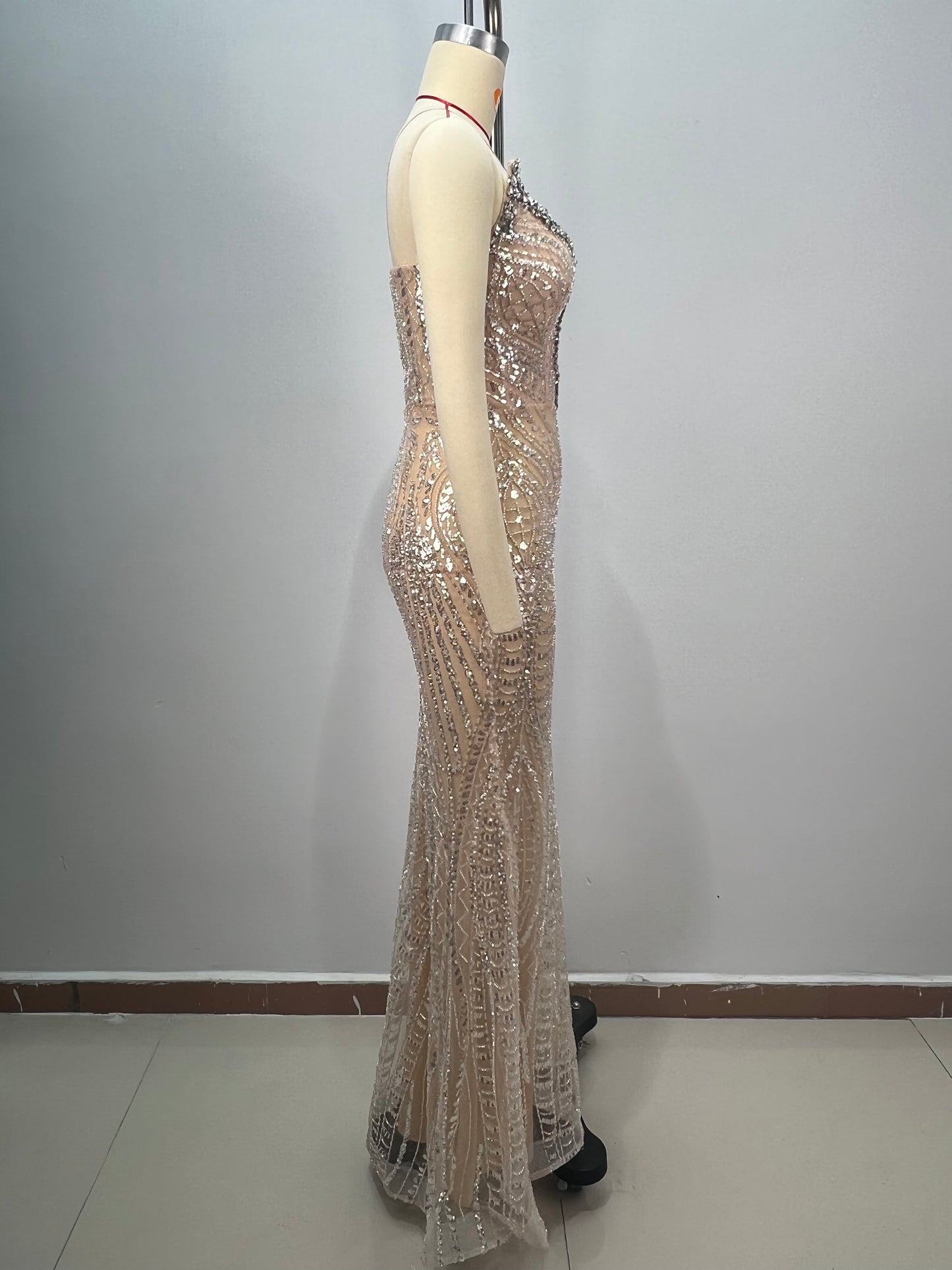 Strapless Crystal Sequin Maxi Dress Nude HV2196