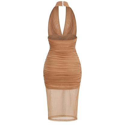 Halter Ruched Mesh Midi Dress Nude HV1672