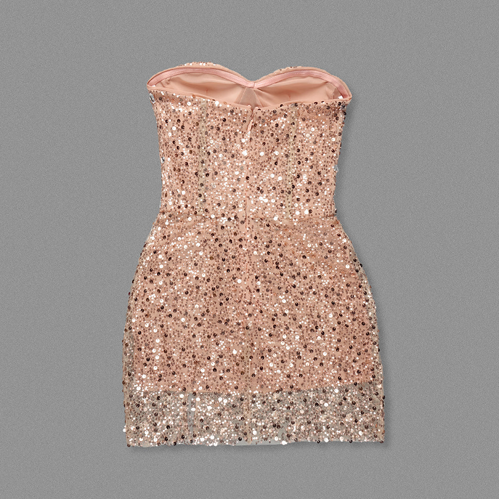 Strapless Corset Sequin Crystal Dress Nude Pink HV1656