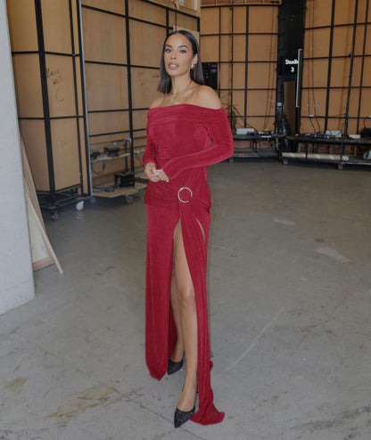 Long Sleeve Draped Bardot Maxi Velvet Dress Red HV2061