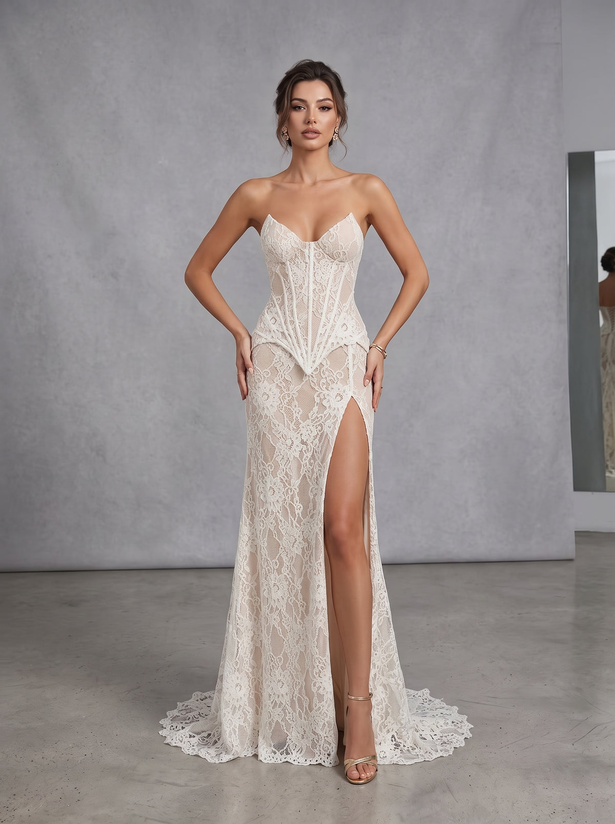 Strapless Lace Corset Two Piece Maxi Dress White HV3214