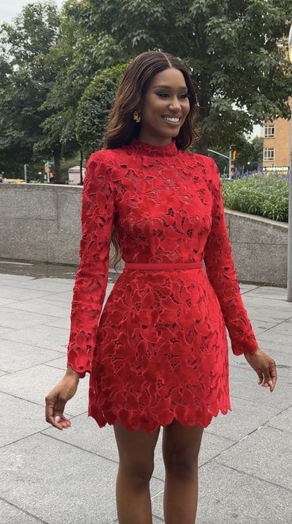 Long Sleeve Crochet Dress Red HV2676