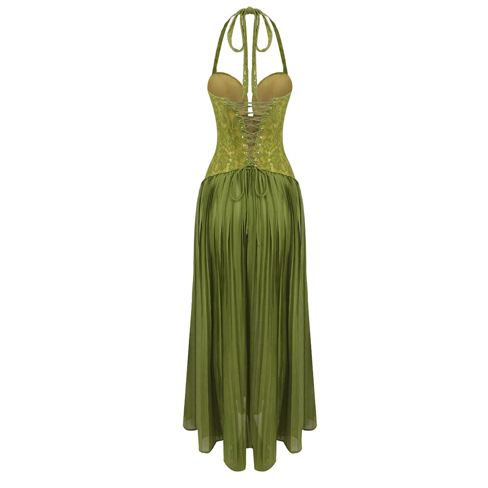 Halter Pleated Corset Maxi Dress Green HV0095
