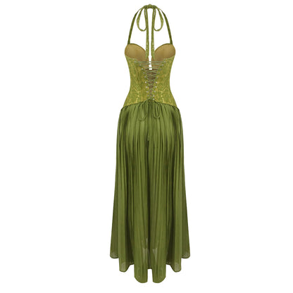 Halter Pleated Corset Maxi Dress Green HV0095