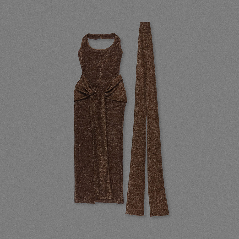 Halter Sparkly Maxi Dress Brown HV0009