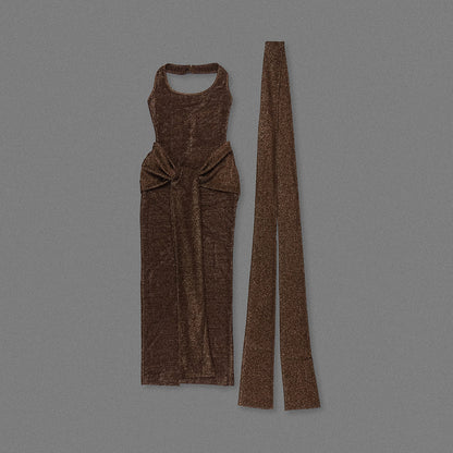 Halter Sparkly Maxi Dress Brown HV0009