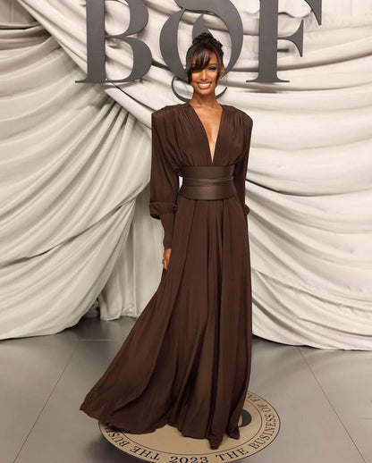 Long Sleeve Plunge V Neck Maxi Dress Brown HV1080