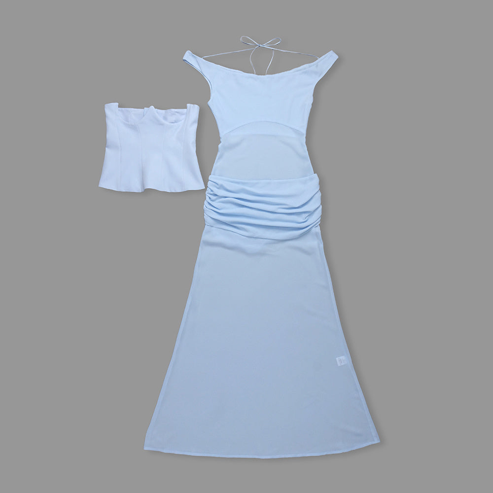 One Shoulder Corset Draped Maxi Dress Blue HV0011
