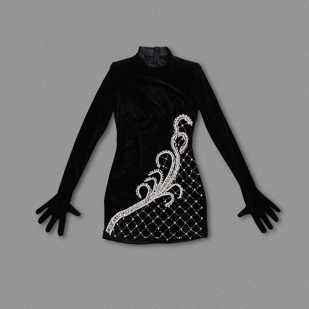 Long Sleeve Crystal Filigree Velvet Dress Black HV1463