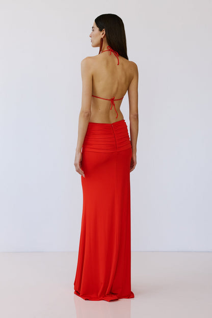 Halter Backless Draped Maxi Dress Coral Red HV2972