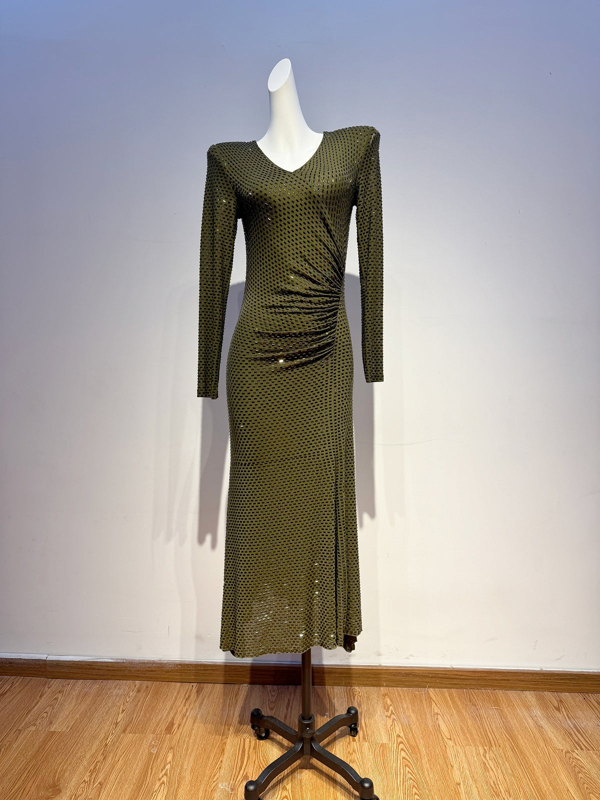 Long Sleeve Embellished A Line Midi Dress Green HV2836