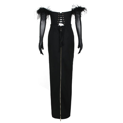 Long Sleeve Feather Corset Maxi Dress Black HV9958