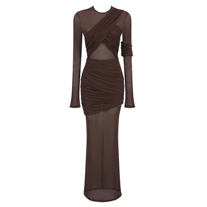 Long Sleeve Mesh Insert Draped Maxi Dress Brown HV1977