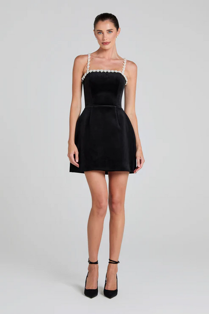 Pearl Detail A Line Dress Black