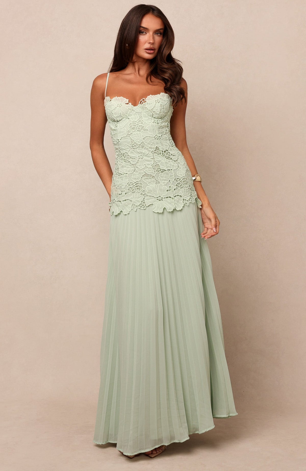 Lace Bustier Pleated A Line Maxi Dress Green HV3236