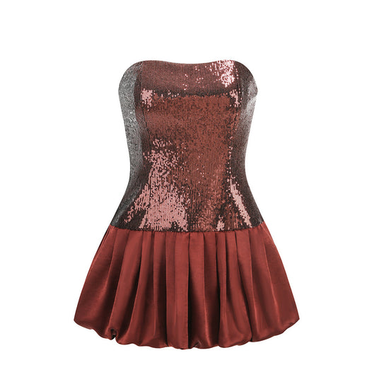 Strapless Sequin Puff Dress Brown HV2525