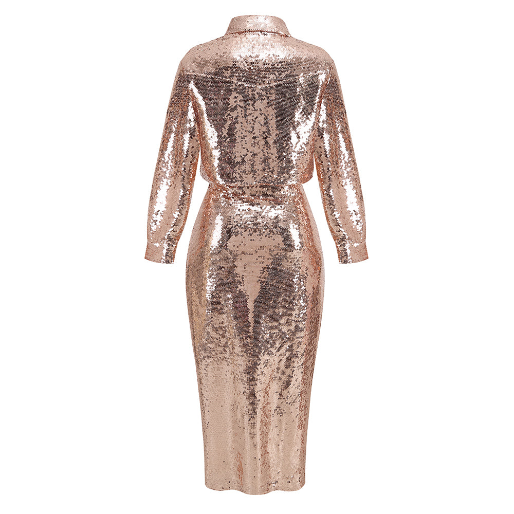 Long Sleeve Sequin Two Piece Midi Dress Gold HV9789