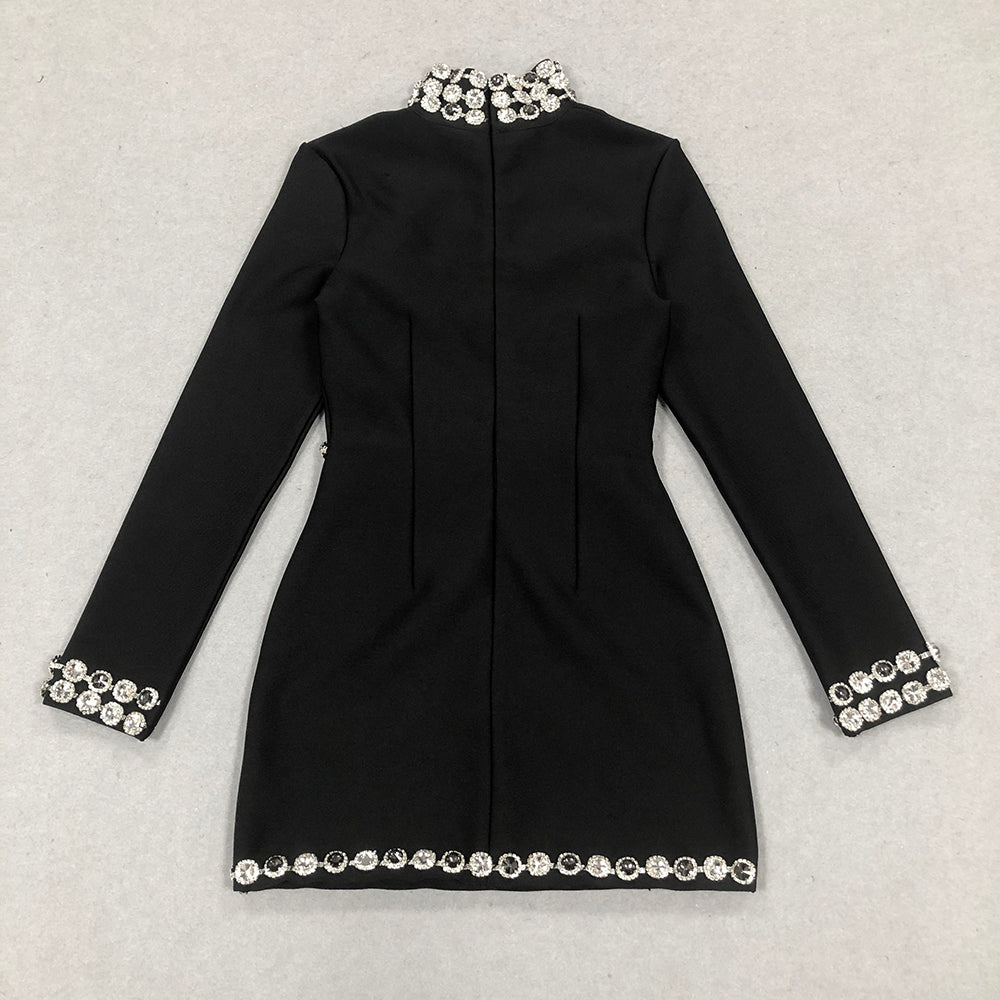 Long Sleeve Crystal Trim Dress Black HV1665