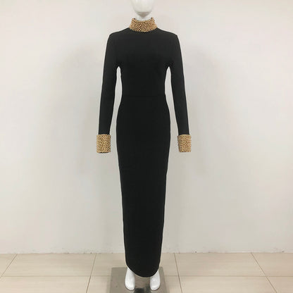 Long Sleeve Embellished Backless Maxi Dress Black HV1739