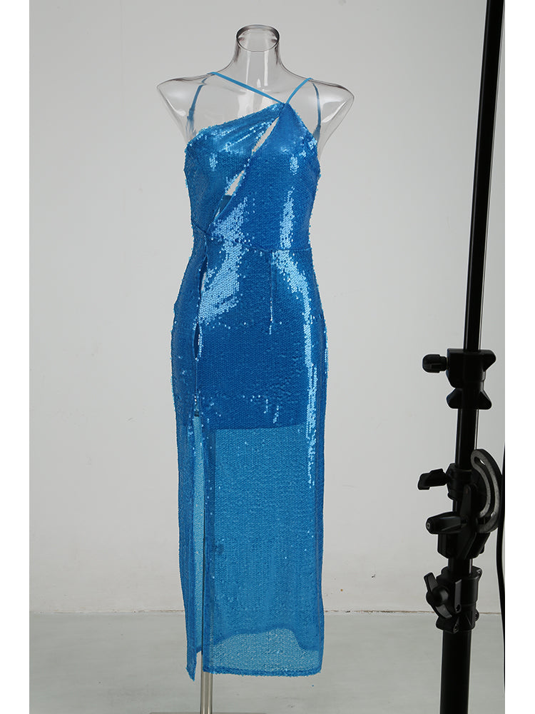 One Shoulder Cut Out Maxi Sequin Dress Blue HV9783