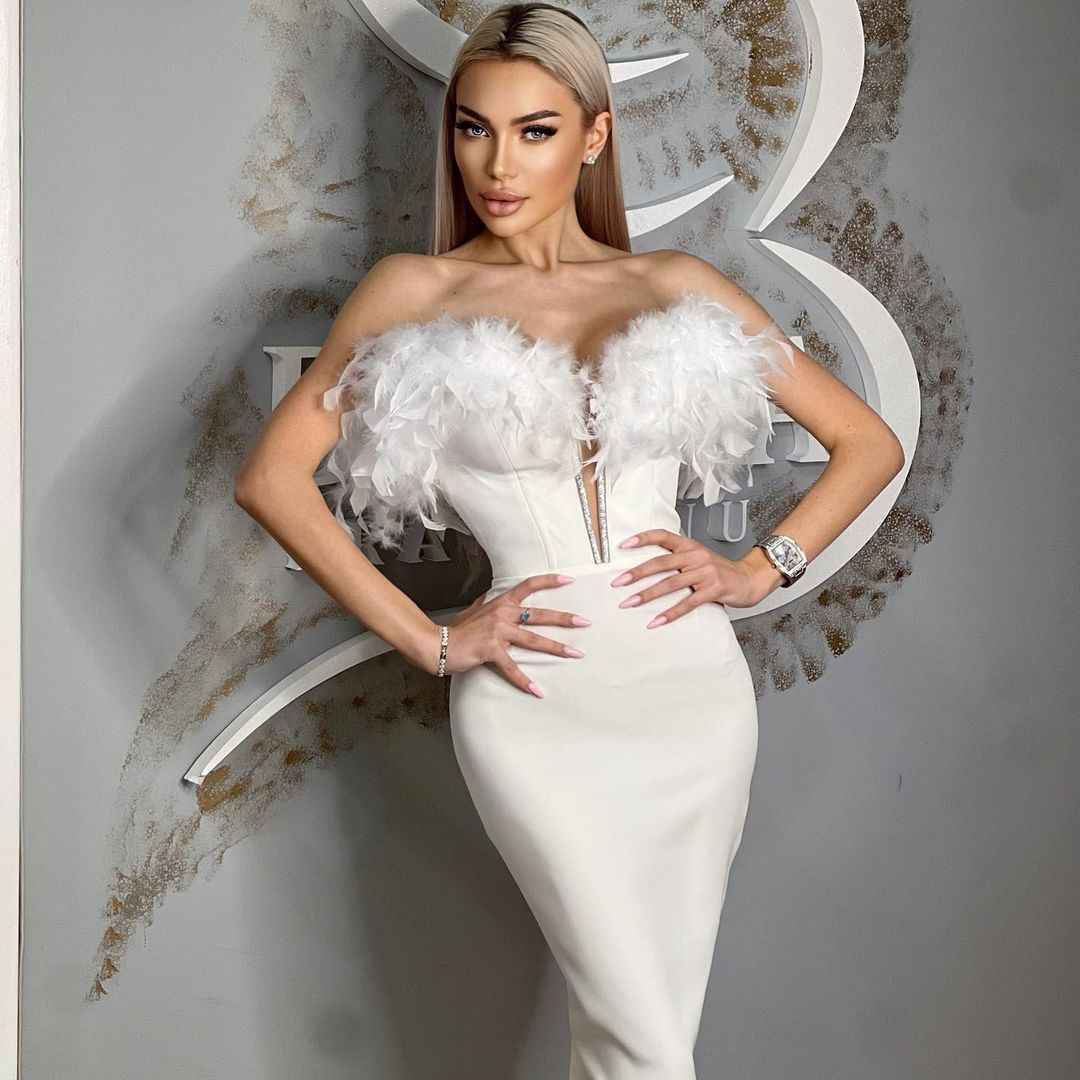 Off Shoulder Feather Midi Dress  HV9564