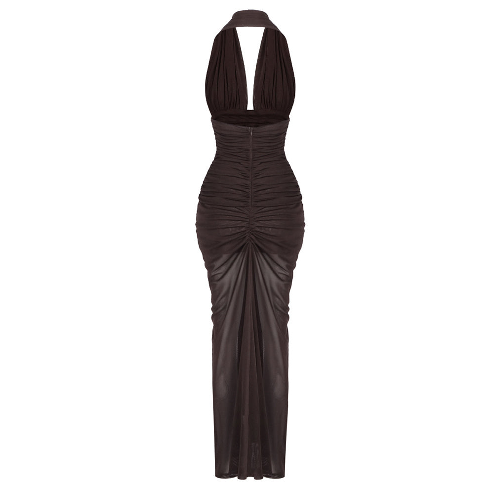 Halter Braid Detail Ruched Maxi Dress Brown HV0083