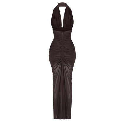 Halter Braid Detail Ruched Maxi Dress Brown HV0083