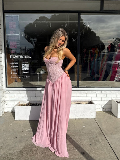 Halter Lace Corset A Line Maxi Dress HV0149