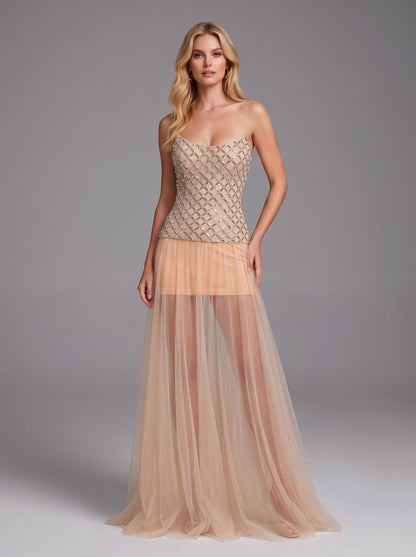 Strapless Embellished Mesh A Line Maxi Dress Nude HV3229