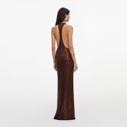 Draped Neckline Sparkly Maxi Dress Brown HV3105