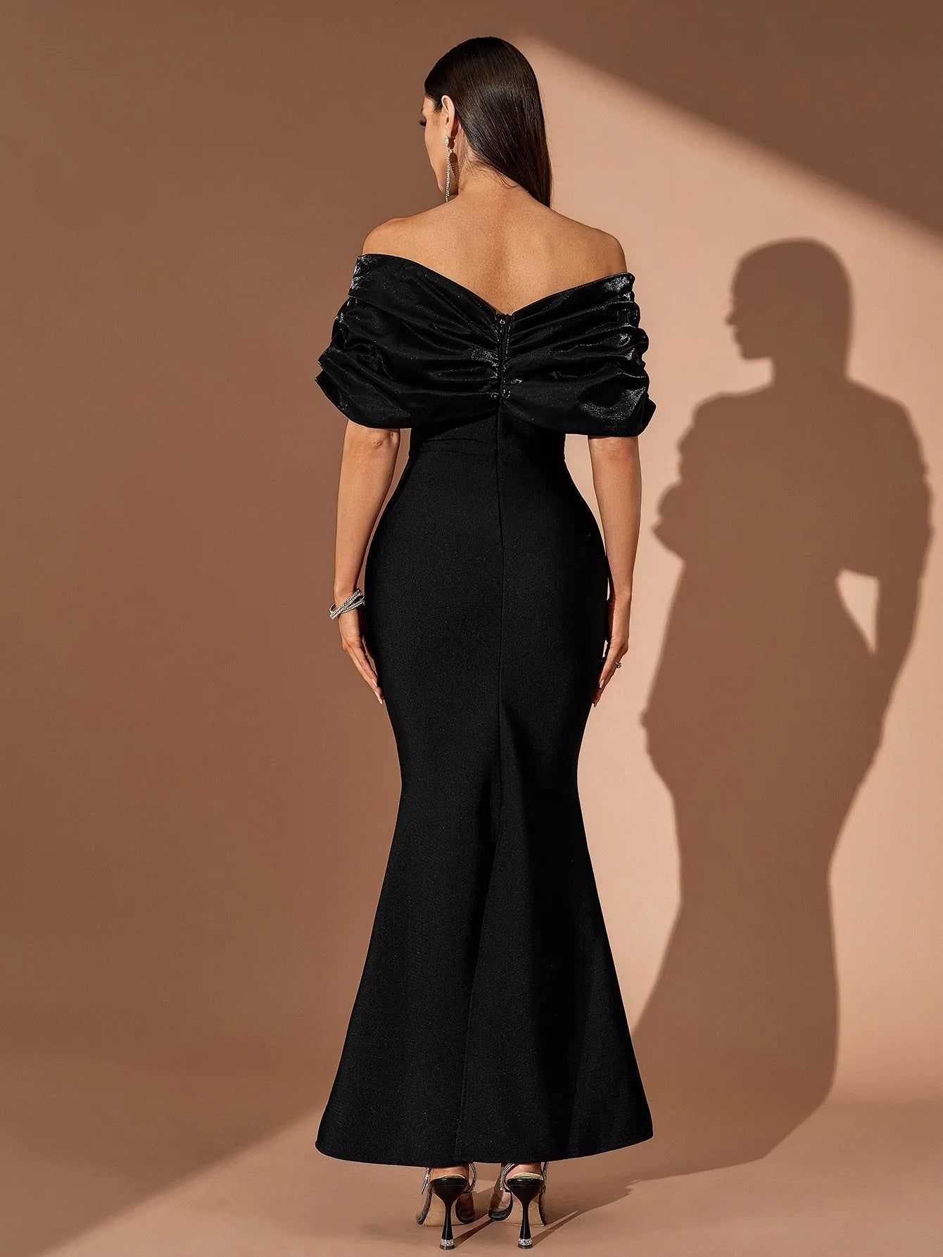 Draped Bardot Crystal Embellished Maxi Dress Black HV2644