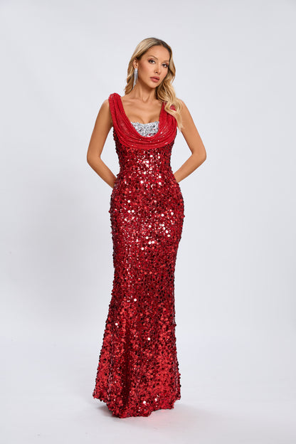 Draped Sequin Maxi Dress Red Silver HV1924