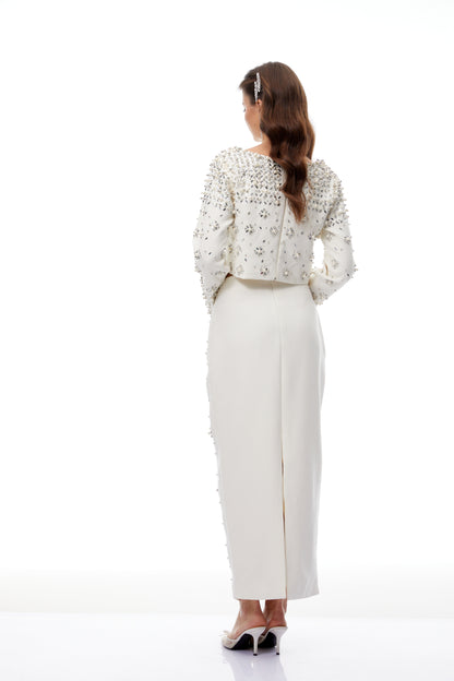 Long Sleeve Crystal Embellished Two Piece Maxi Dress White HV3098