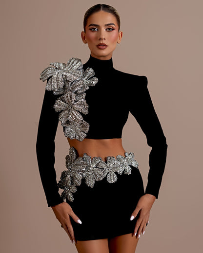 Long Sleeve Crystal Floral Two Piece Dress Black HV1695