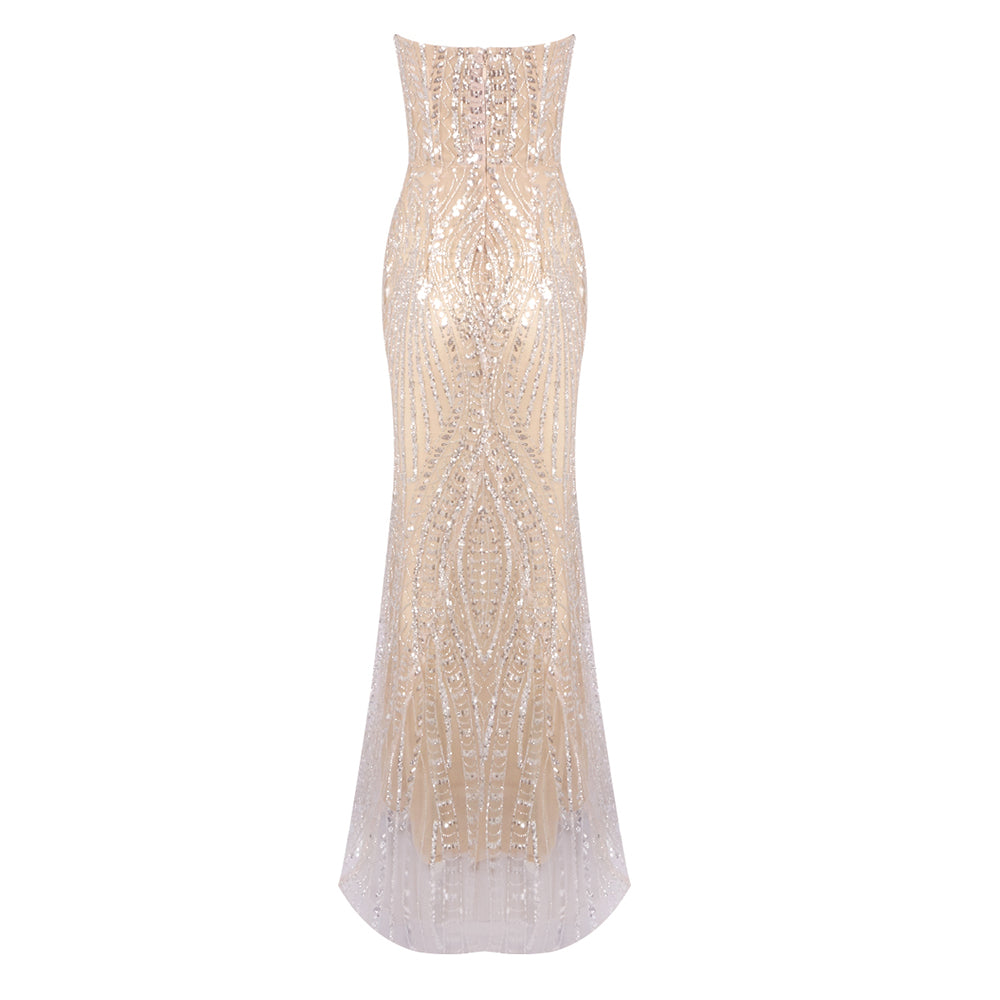 Strapless Crystal Sequin Maxi Dress Nude HV2196